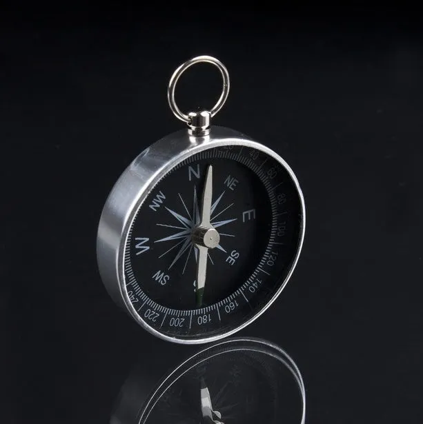 Silver metal compass with 45mm diameter dial and aluminium shell