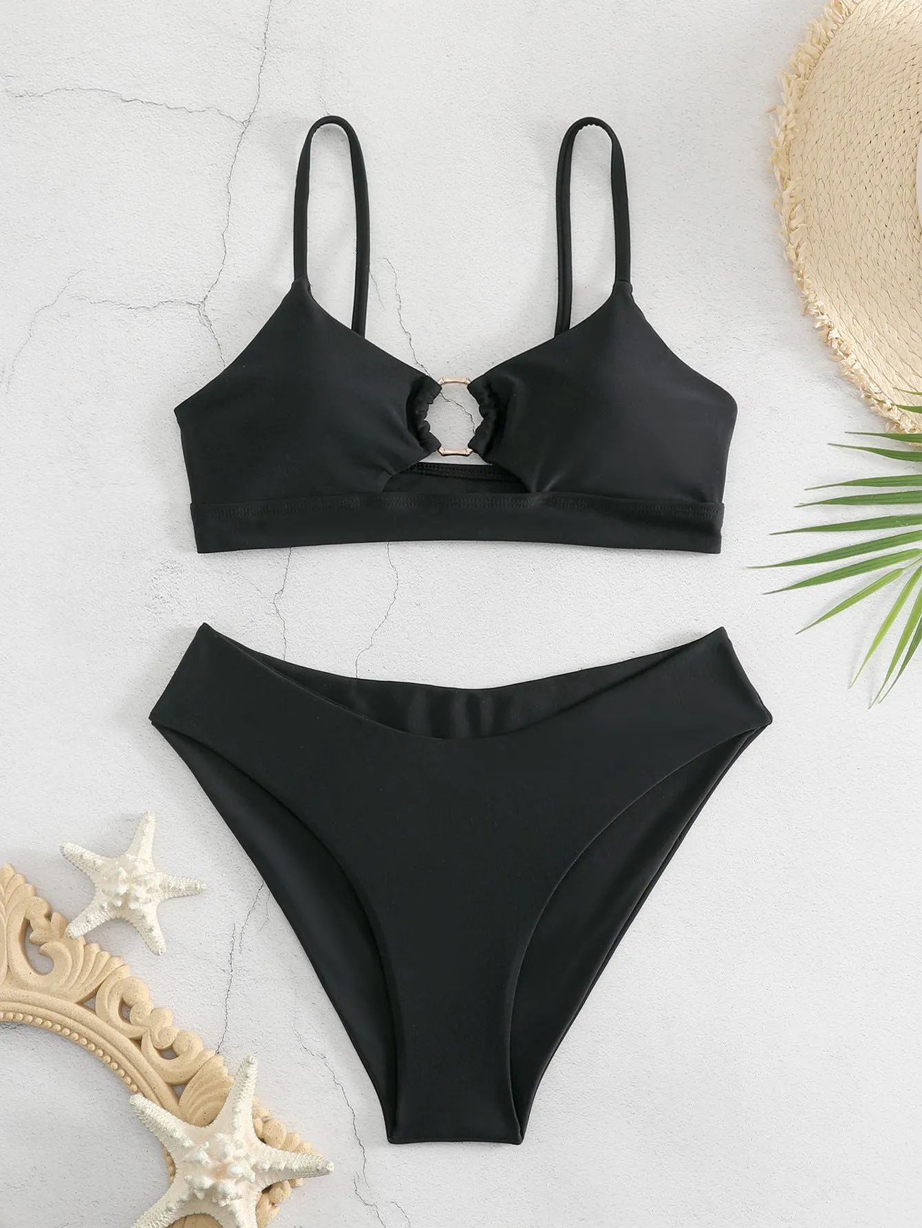 Snake pattern backless bikini set black polyester swimwear women swimming wading two-piece top and pants