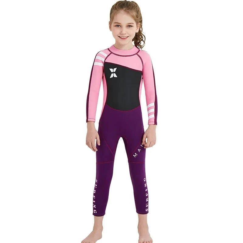 Children diving suit in black pink for girls, SCR neoprene wetsuit with long sleeves