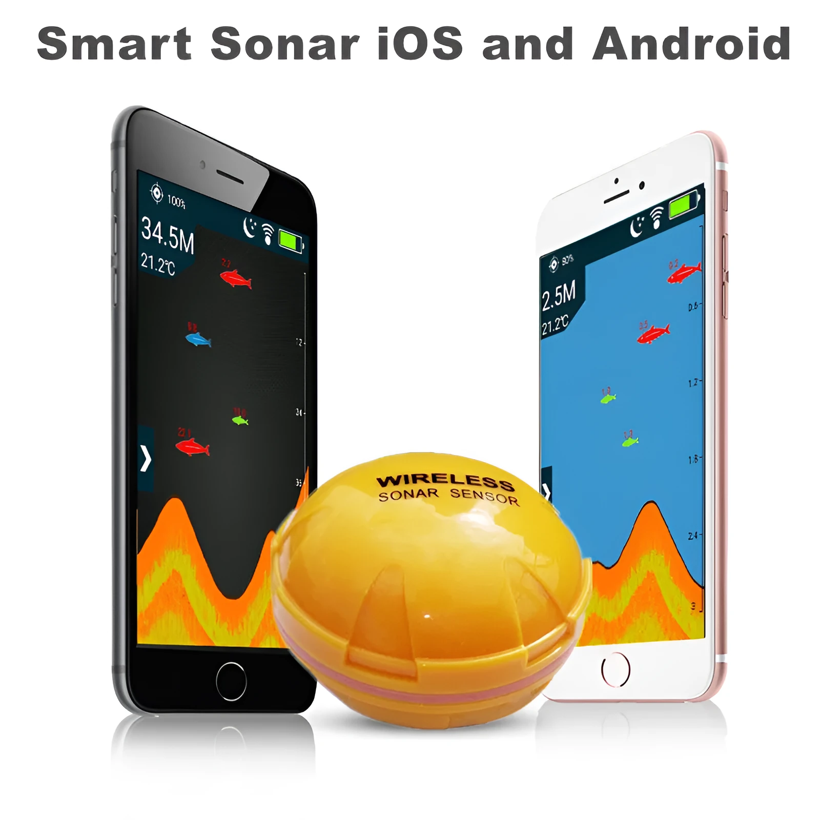 Yellow wireless sonar fish finder on water with depth reading display