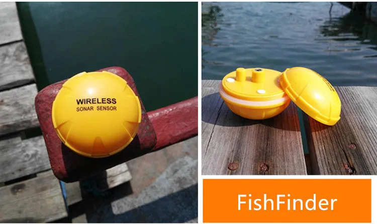 Yellow wireless sonar fish finder on water with depth reading display