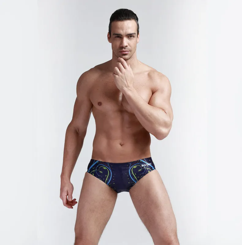 Men's printed polyester triangle swimming trunks in a quick-dry style for pool and beach use, available sizes M-3XL