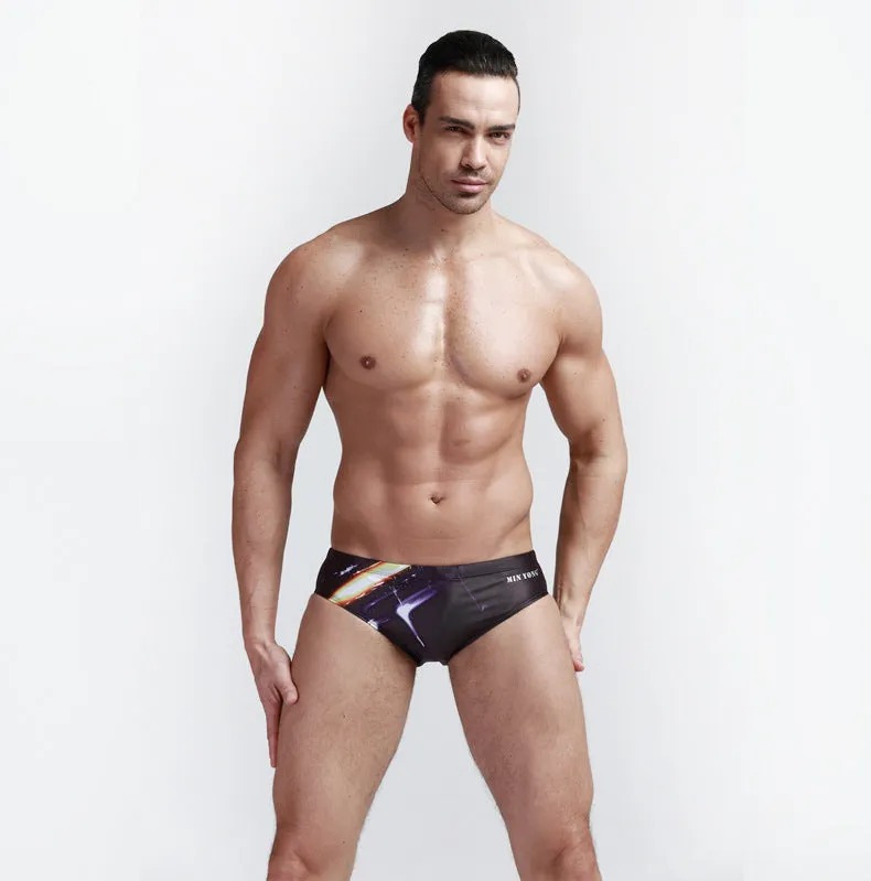 Men's printed polyester triangle swimming trunks in a quick-dry style for pool and beach use, available sizes M-3XL
