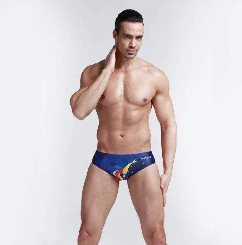 Men's printed polyester triangle swimming trunks in a quick-dry style for pool and beach use, available sizes M-3XL
