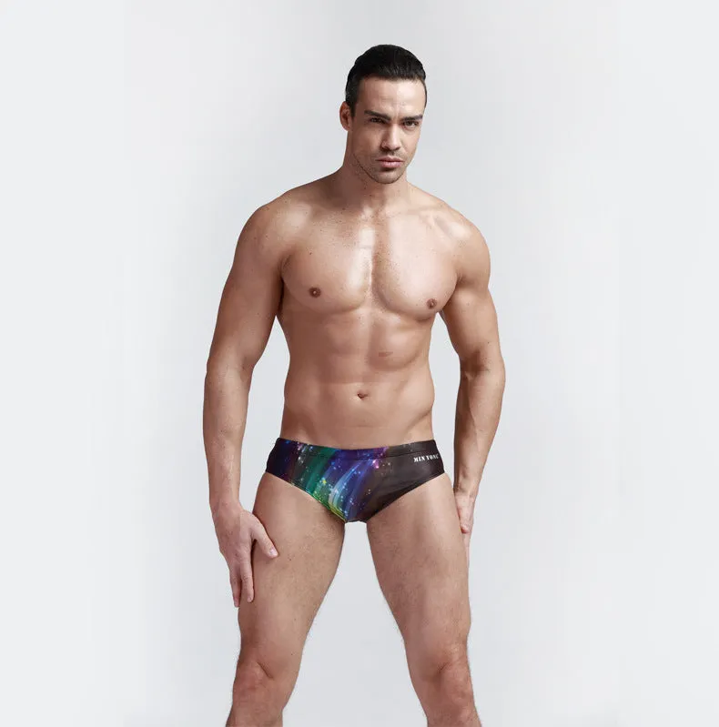 Men's printed polyester triangle swimming trunks in a quick-dry style for pool and beach use, available sizes M-3XL