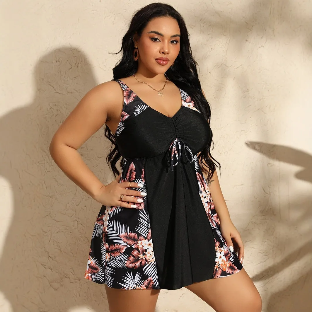 Plus size leopard print slimming conservative skirt bikini on female model, polyester fabric, sizes 0XL to 5XL