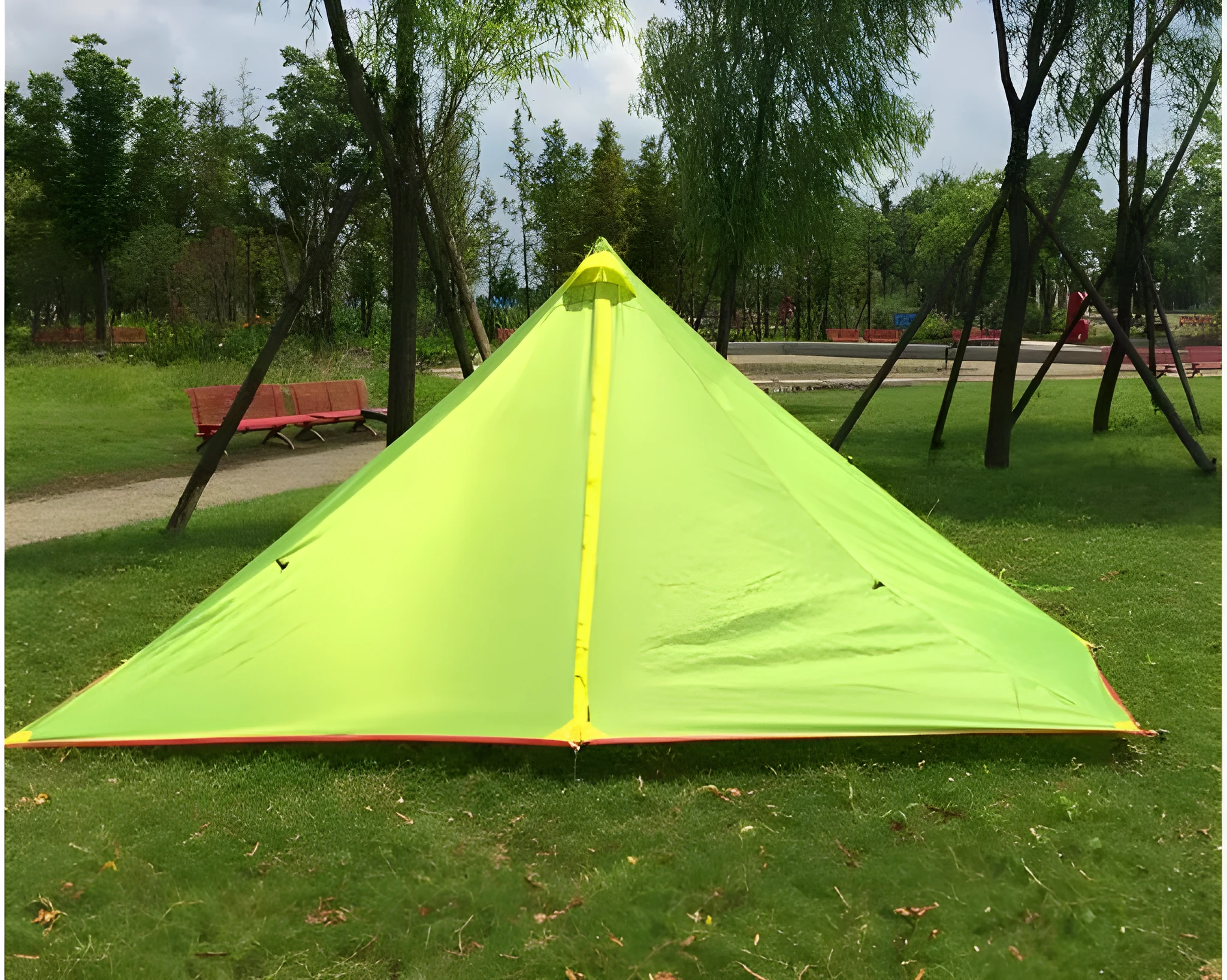 Poleless gold-shaped double-layer camping tent with Oxford cloth base and net yarn inner