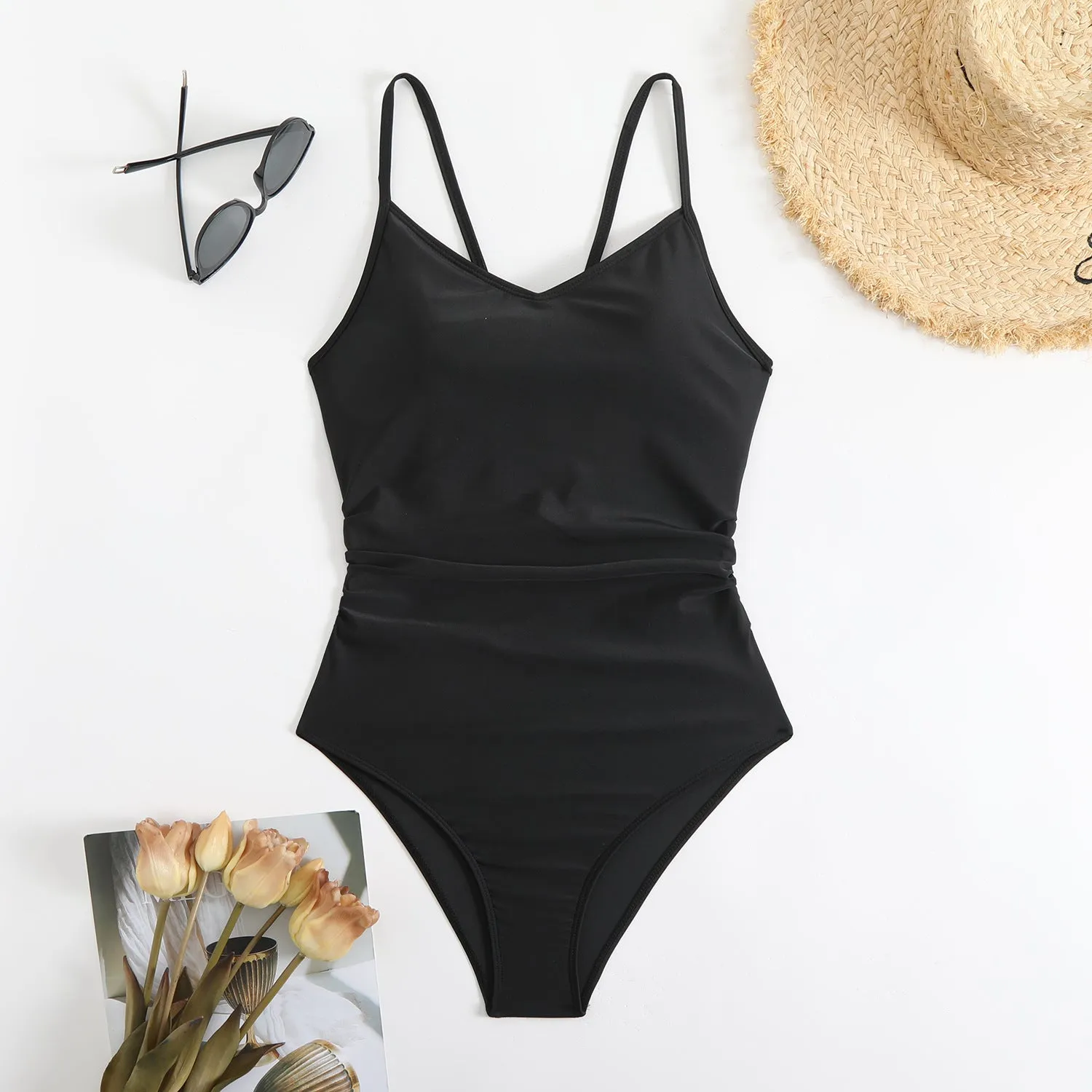 Solid color ring one-piece swimsuit for women in rose red, sleeveless, with polyester lining
