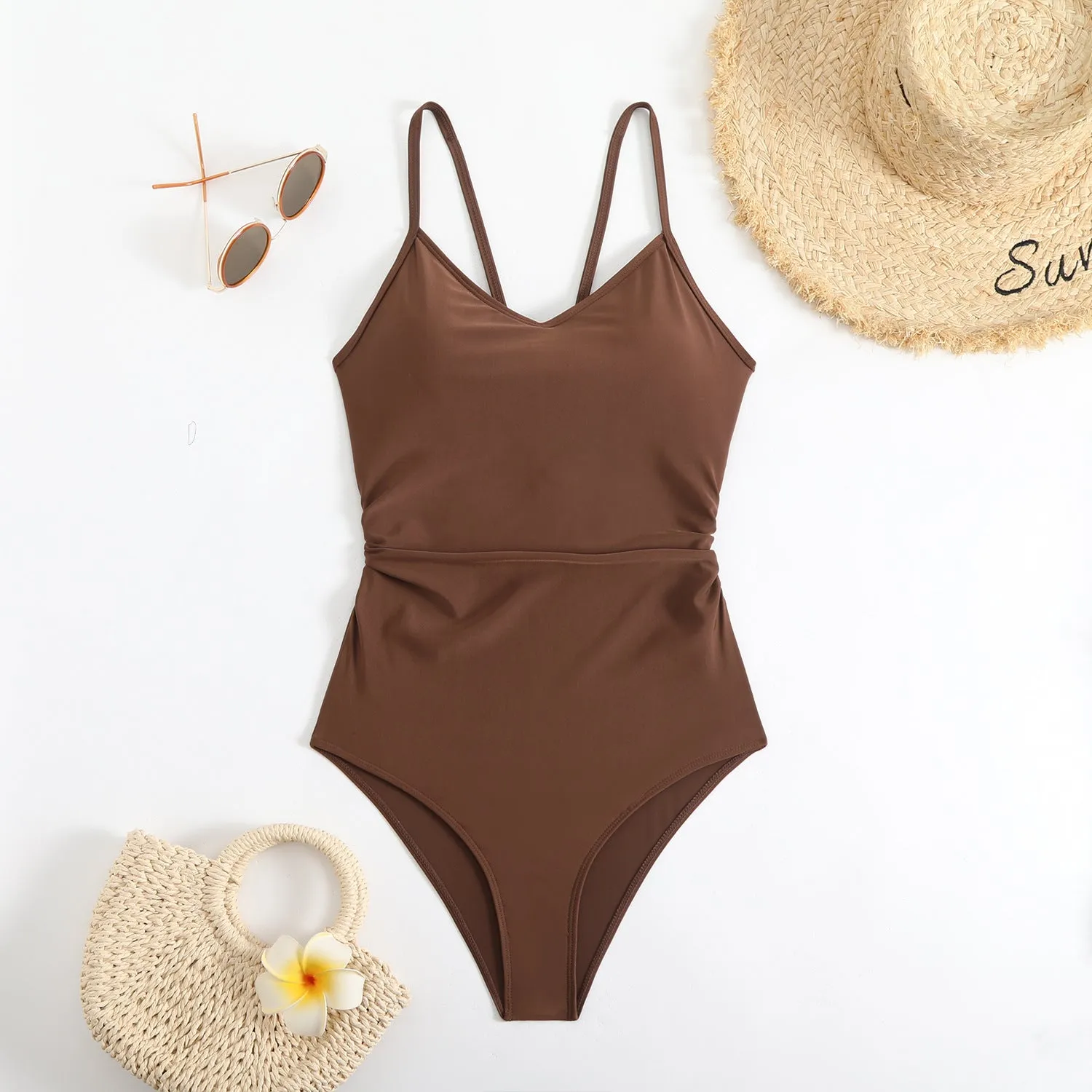 Solid color ring one-piece swimsuit for women in rose red, sleeveless, with polyester lining
