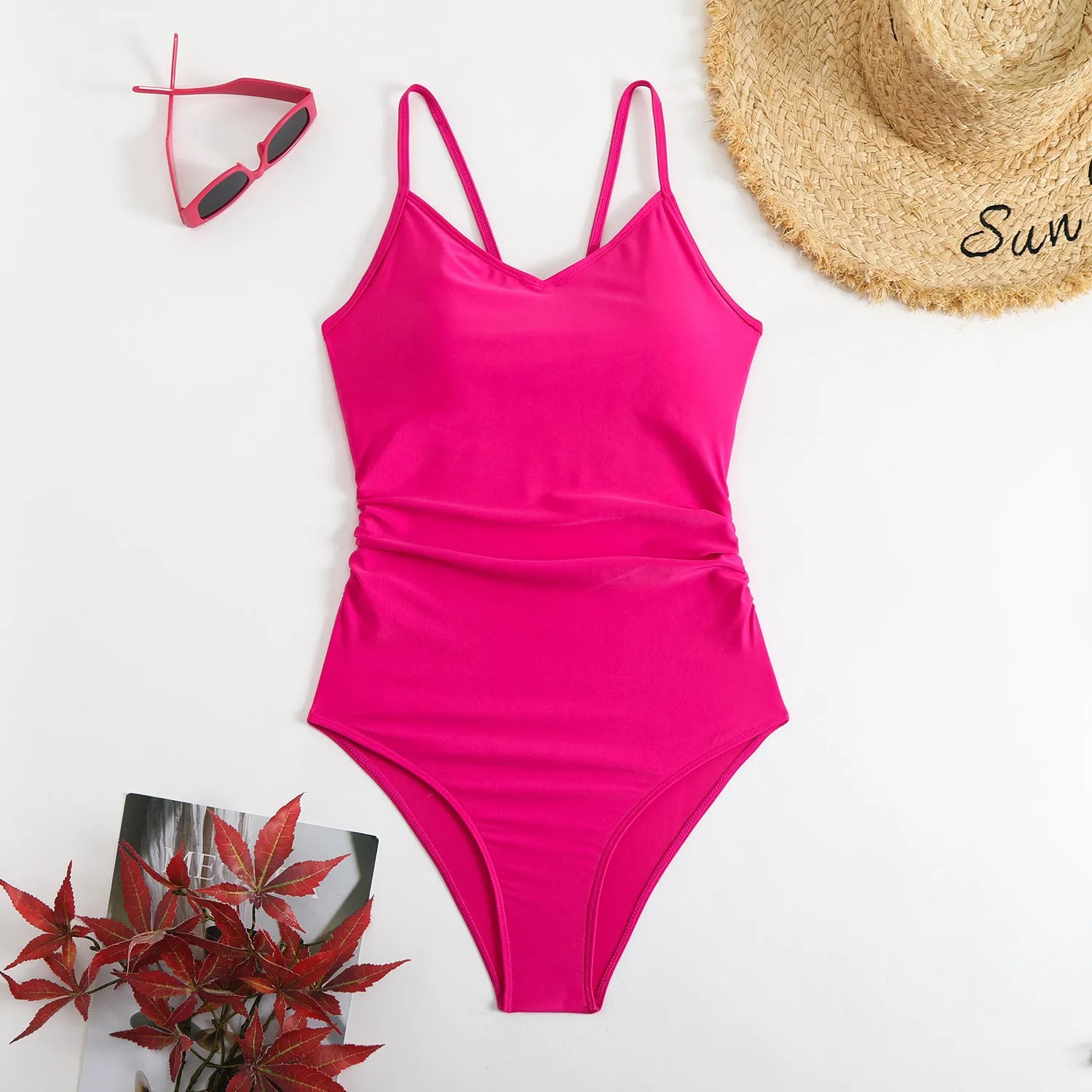 Solid color ring one-piece swimsuit for women in rose red, sleeveless, with polyester lining