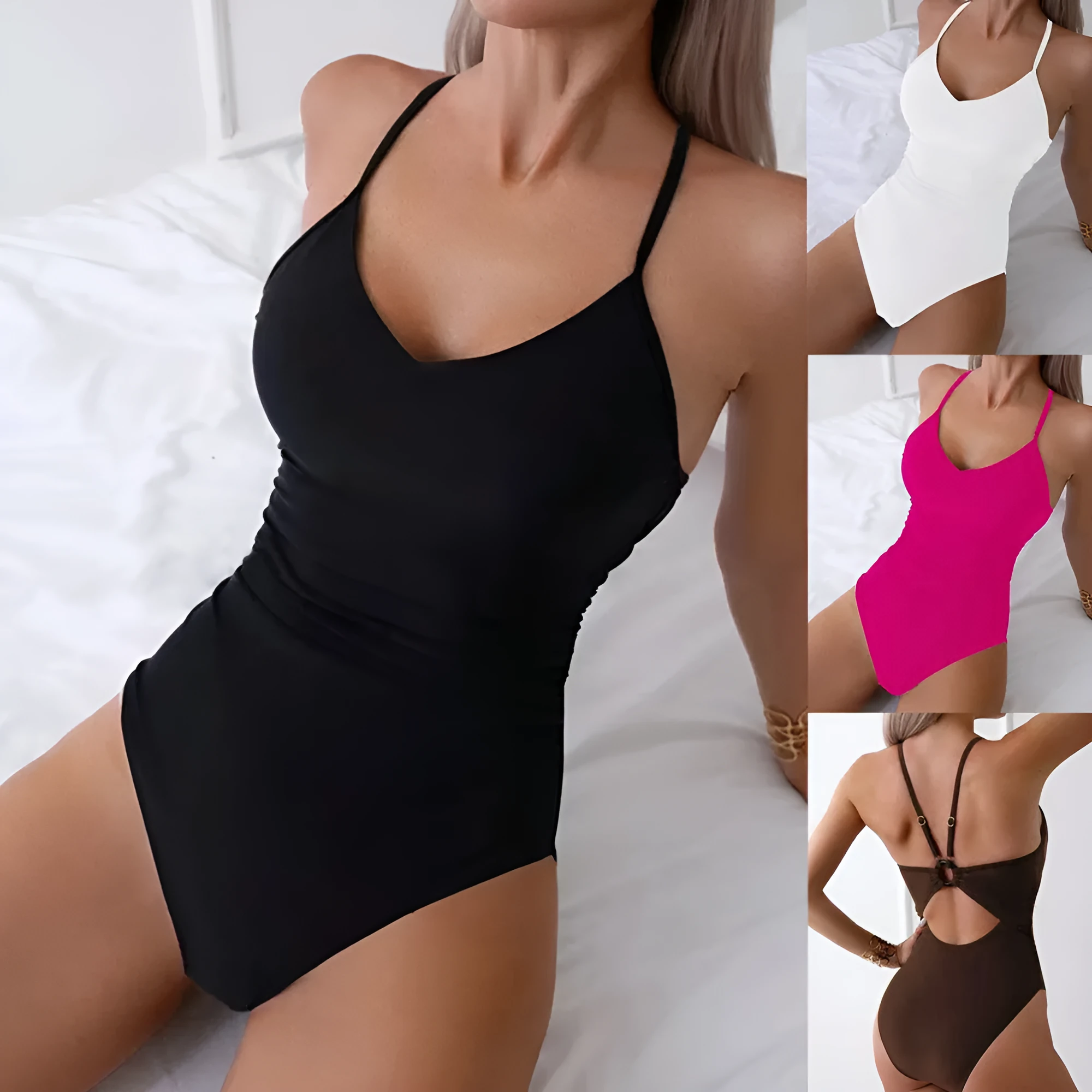 Solid color ring one-piece swimsuit for women in rose red, sleeveless, with polyester lining