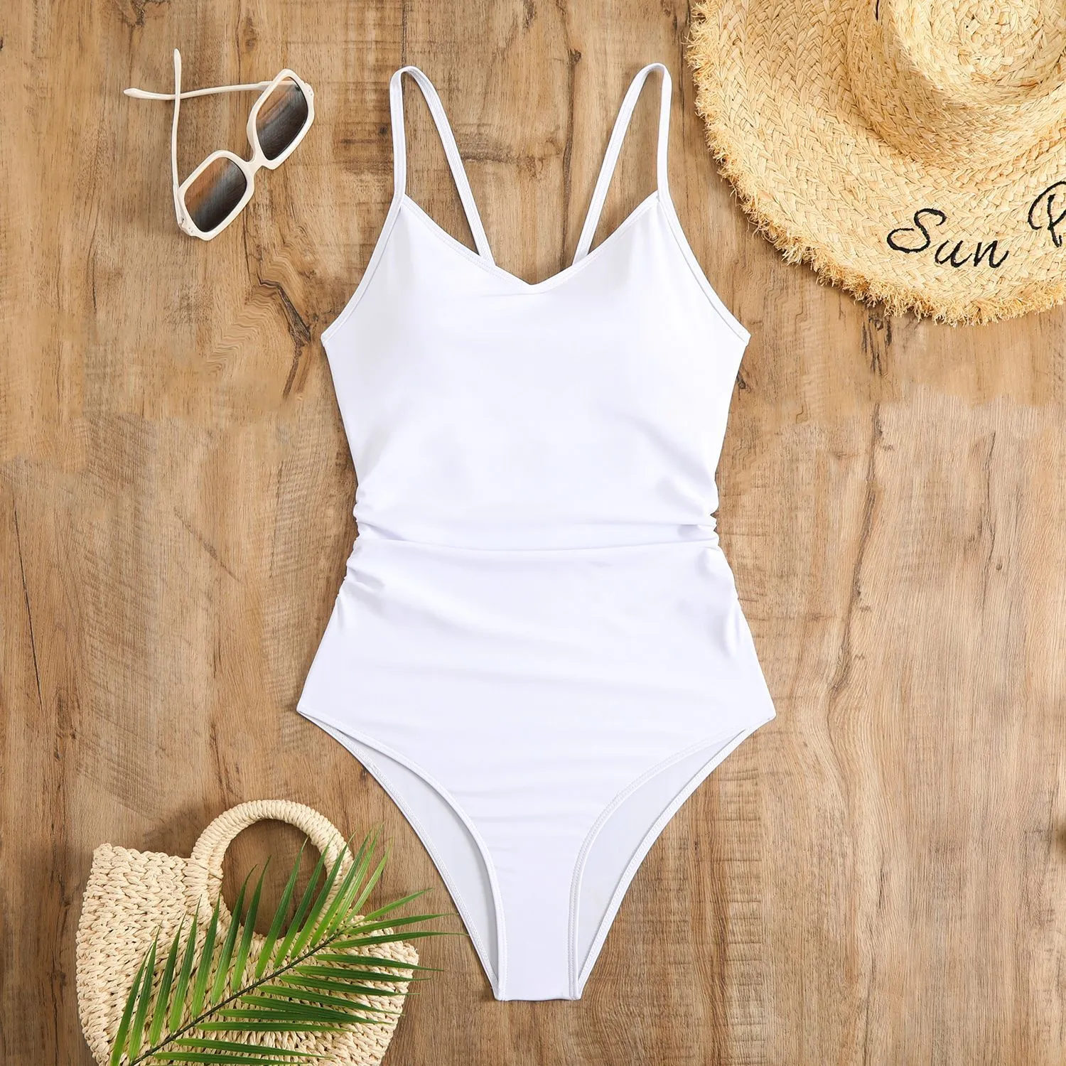 Solid color ring one-piece swimsuit for women in rose red, sleeveless, with polyester lining