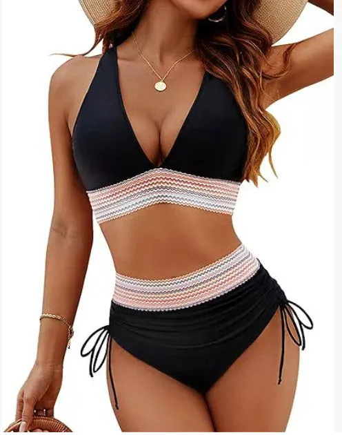 High waisted colour block bikini set with drawstring, shown in Army Green.