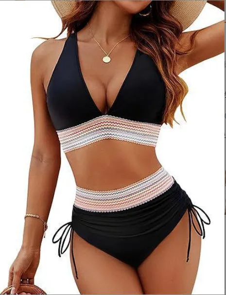 High waisted colour block bikini set with drawstring, shown in Army Green.