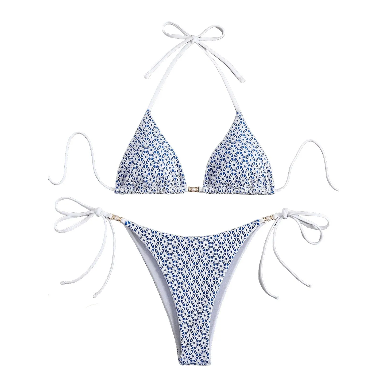 Women's multicolor bikini with split open back, backless design, bra and matching shorts, available in pink