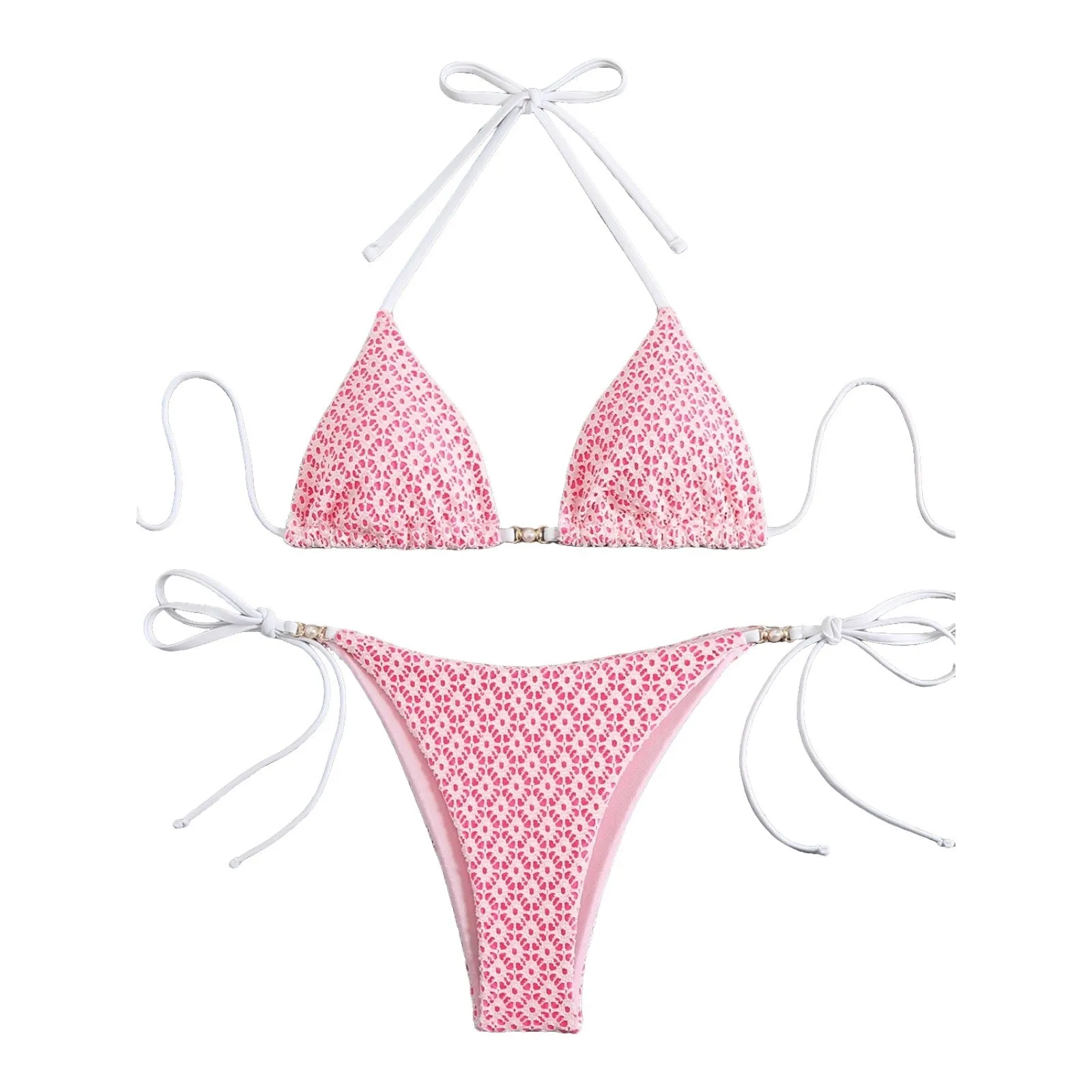 Women's multicolor bikini with split open back, backless design, bra and matching shorts, available in pink