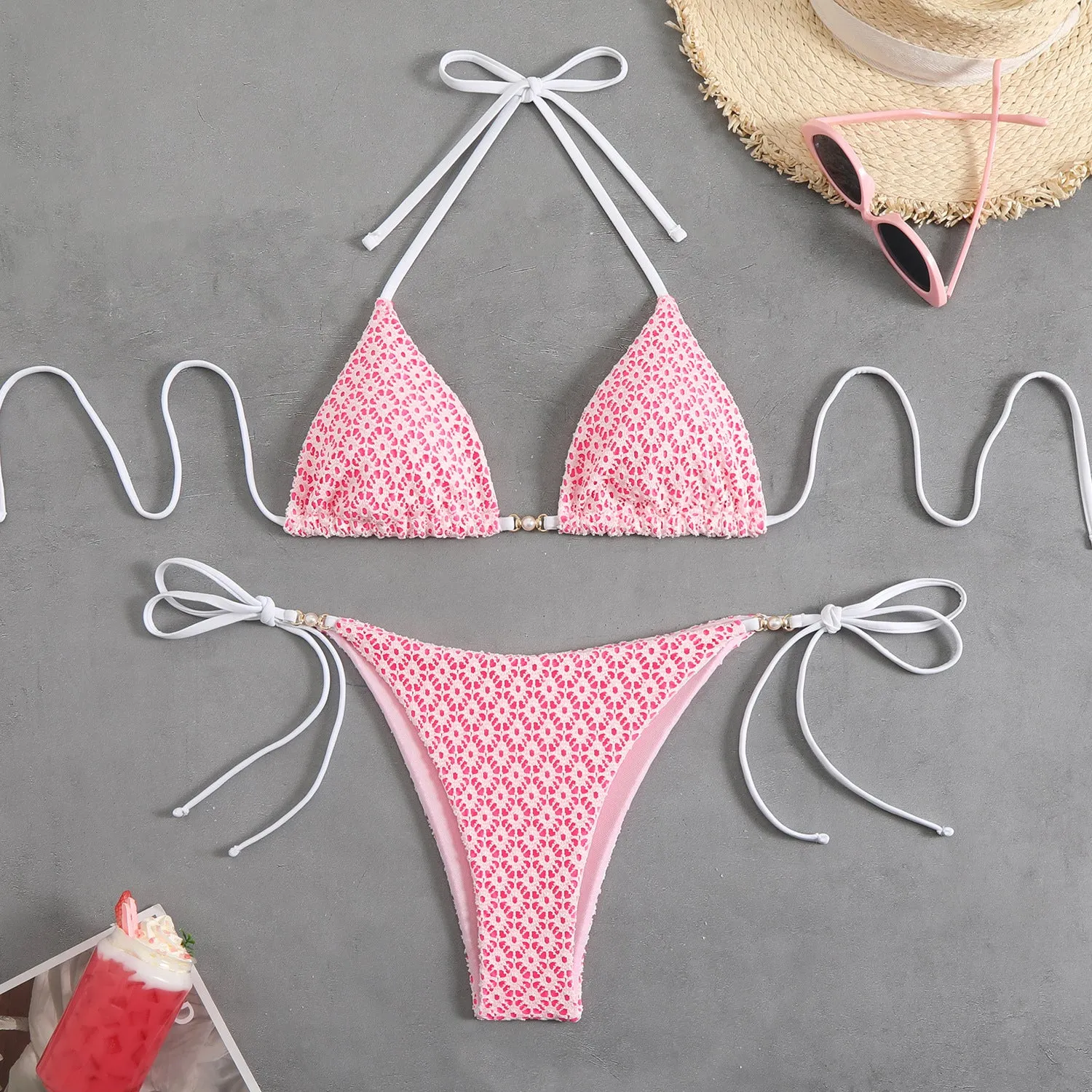 Women's multicolor bikini with split open back, backless design, bra and matching shorts, available in pink