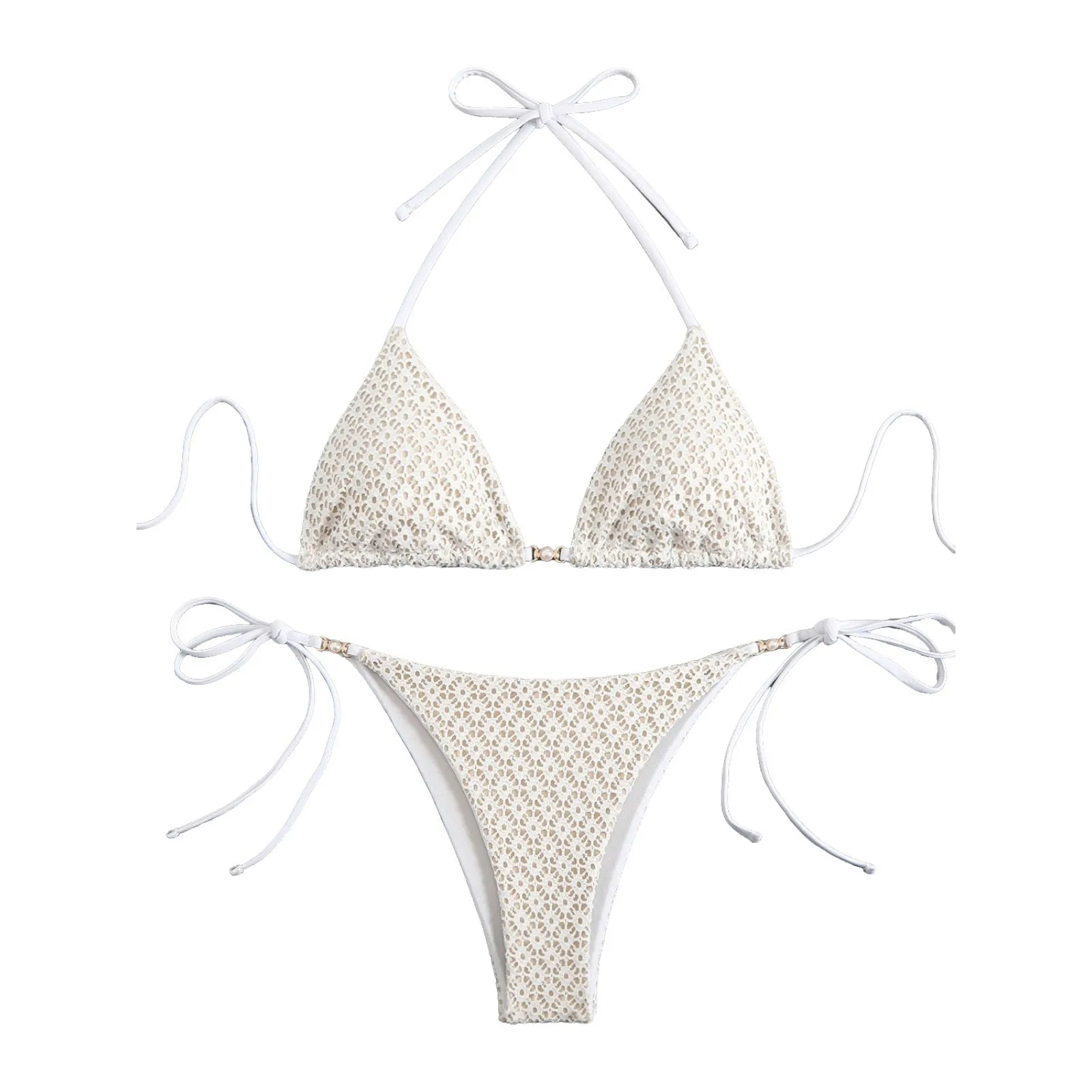 Women's multicolor bikini with split open back, backless design, bra and matching shorts, available in pink