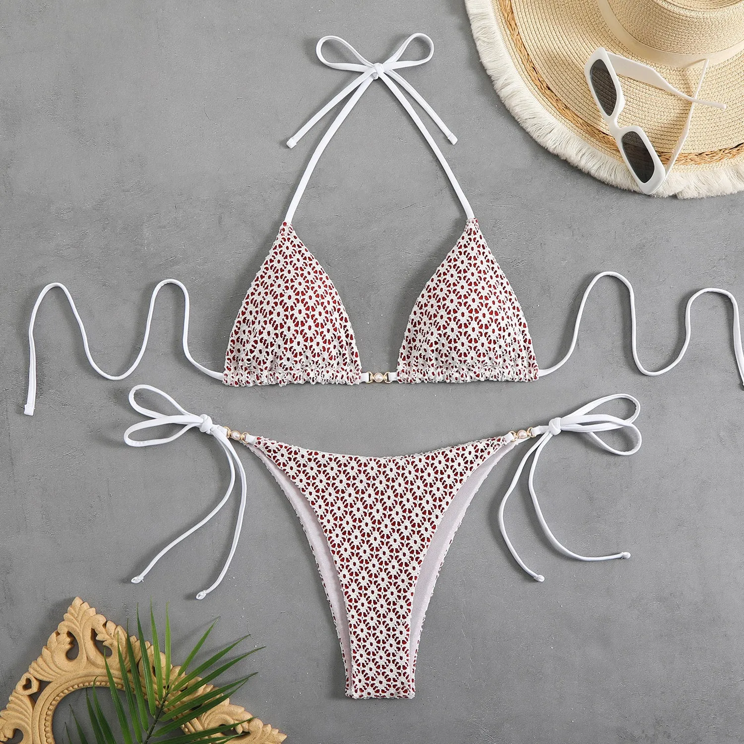 Women's multicolor bikini with split open back, backless design, bra and matching shorts, available in pink