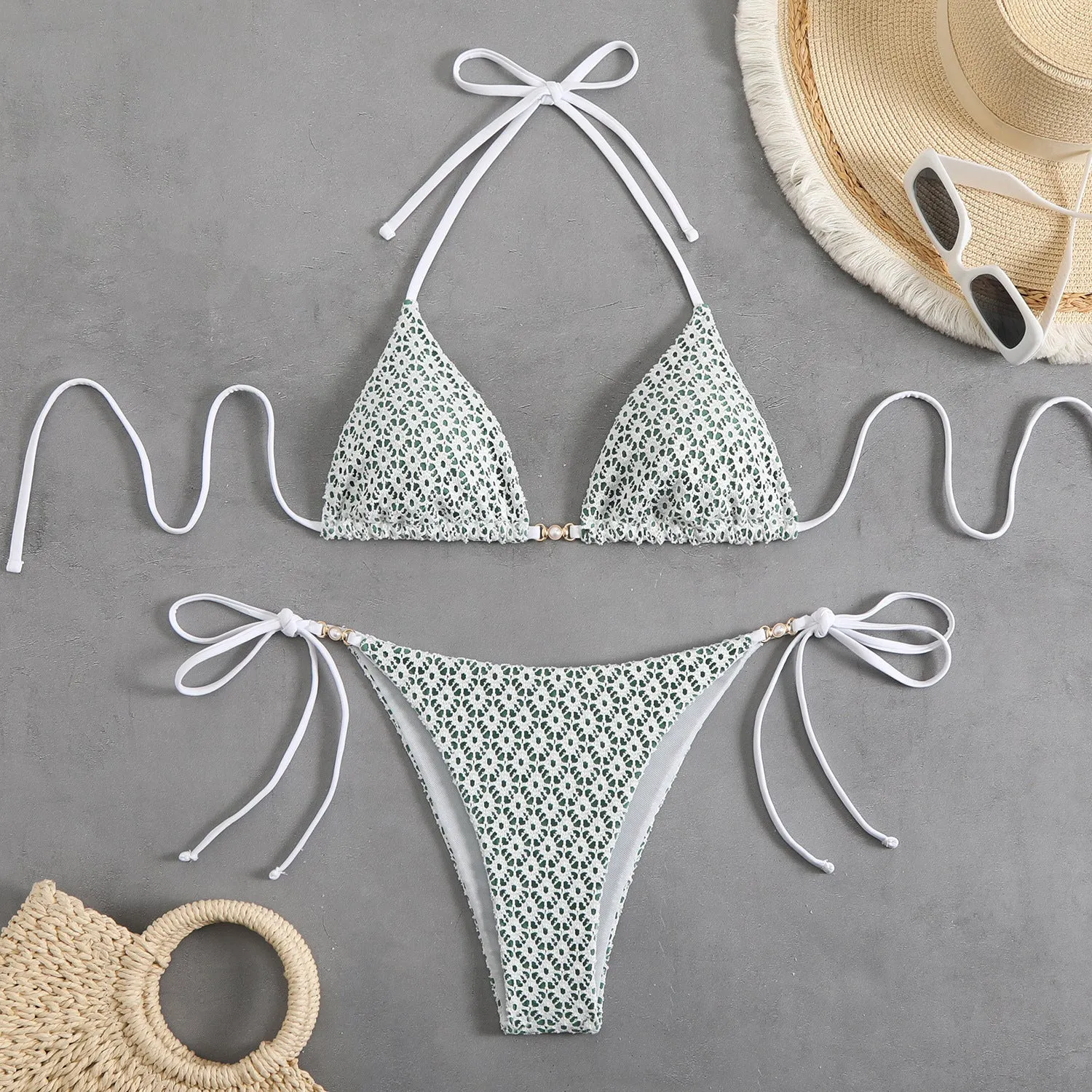 Women's multicolor bikini with split open back, backless design, bra and matching shorts, available in pink