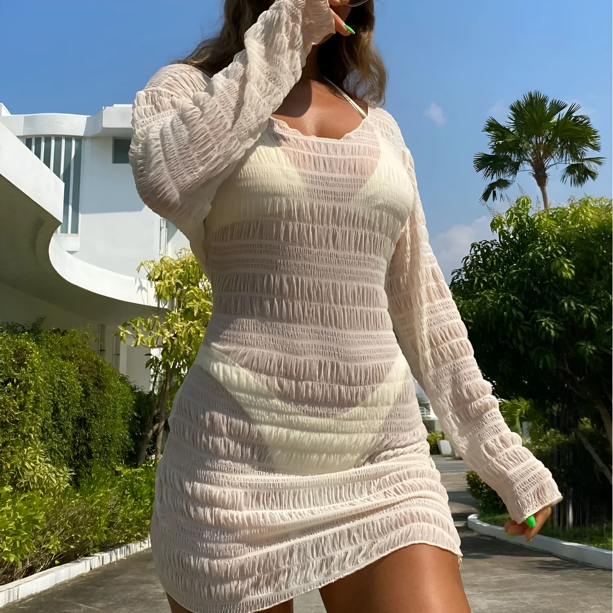 Women's long sleeve halter bikini set three-piece solid colour apricot polyester for swimming
