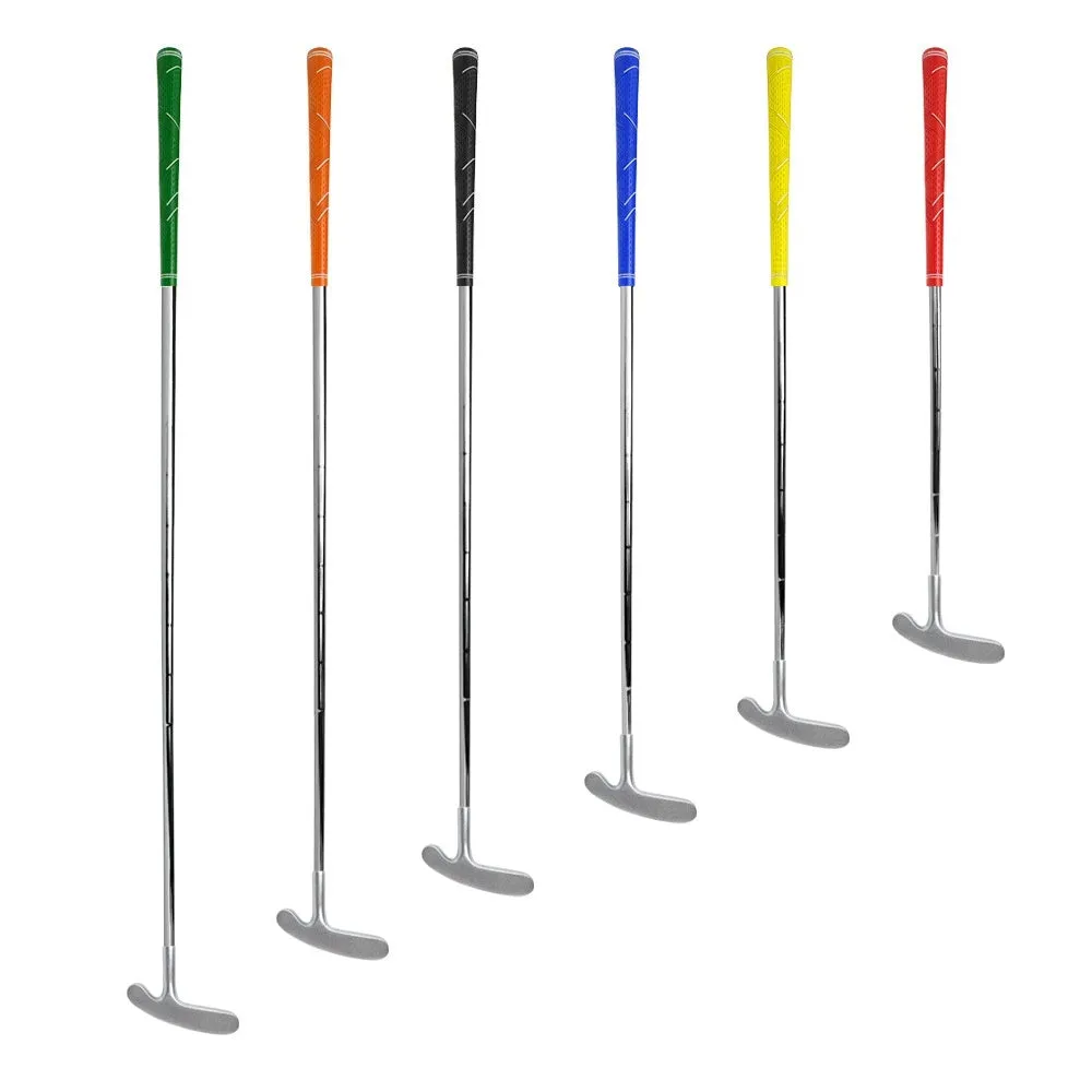 Stainless steel golf putting rod with pattern grip in black on a putting green