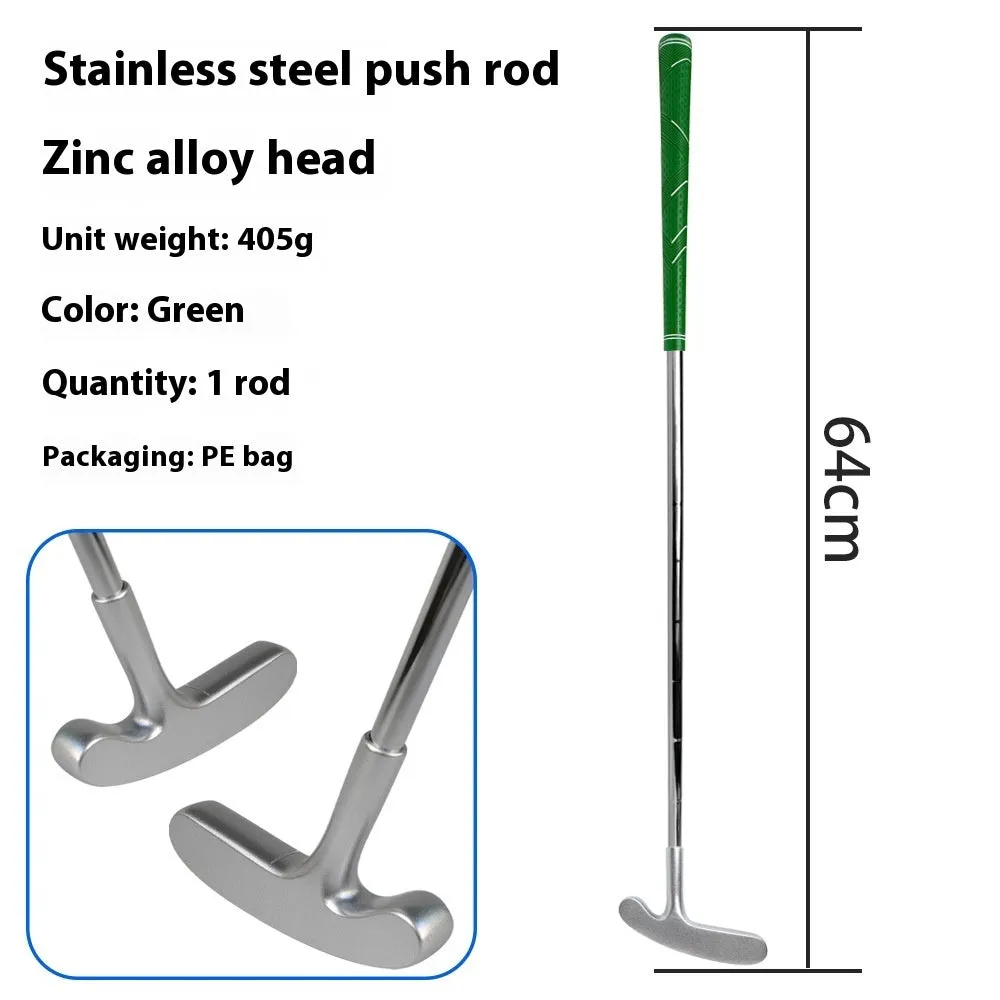 Stainless steel golf putting rod with pattern grip in black on a putting green
