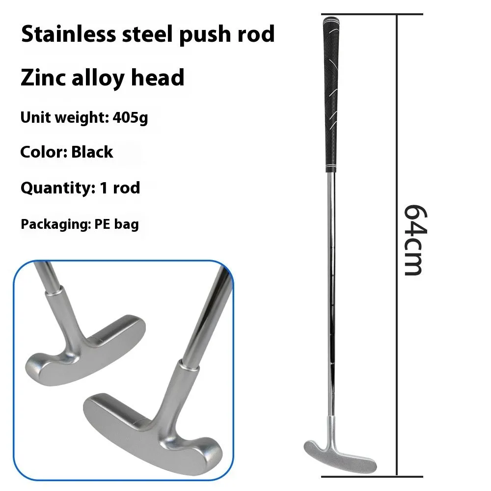 Stainless steel golf putting rod with pattern grip in black on a putting green