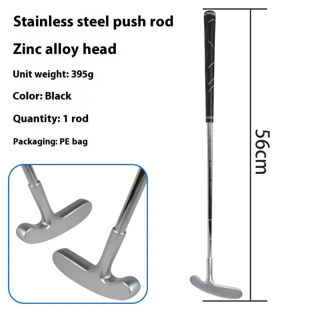 Stainless steel golf putting rod with pattern grip in black on a putting green