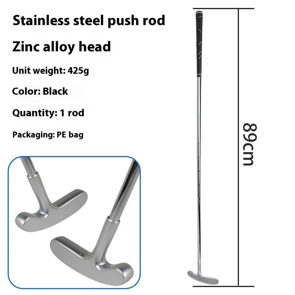 Stainless steel golf putting rod with pattern grip in black on a putting green