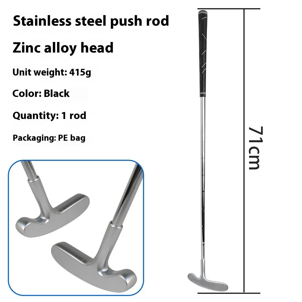 Stainless steel golf putting rod with pattern grip in black on a putting green