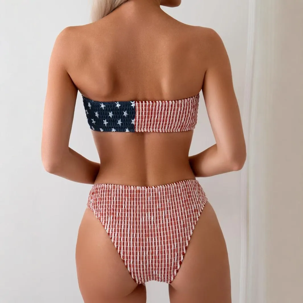 Women's red and blue high elasticity polyester bikini set on a beach background