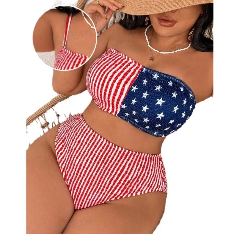 Women's red and blue high elasticity polyester bikini set on a beach background