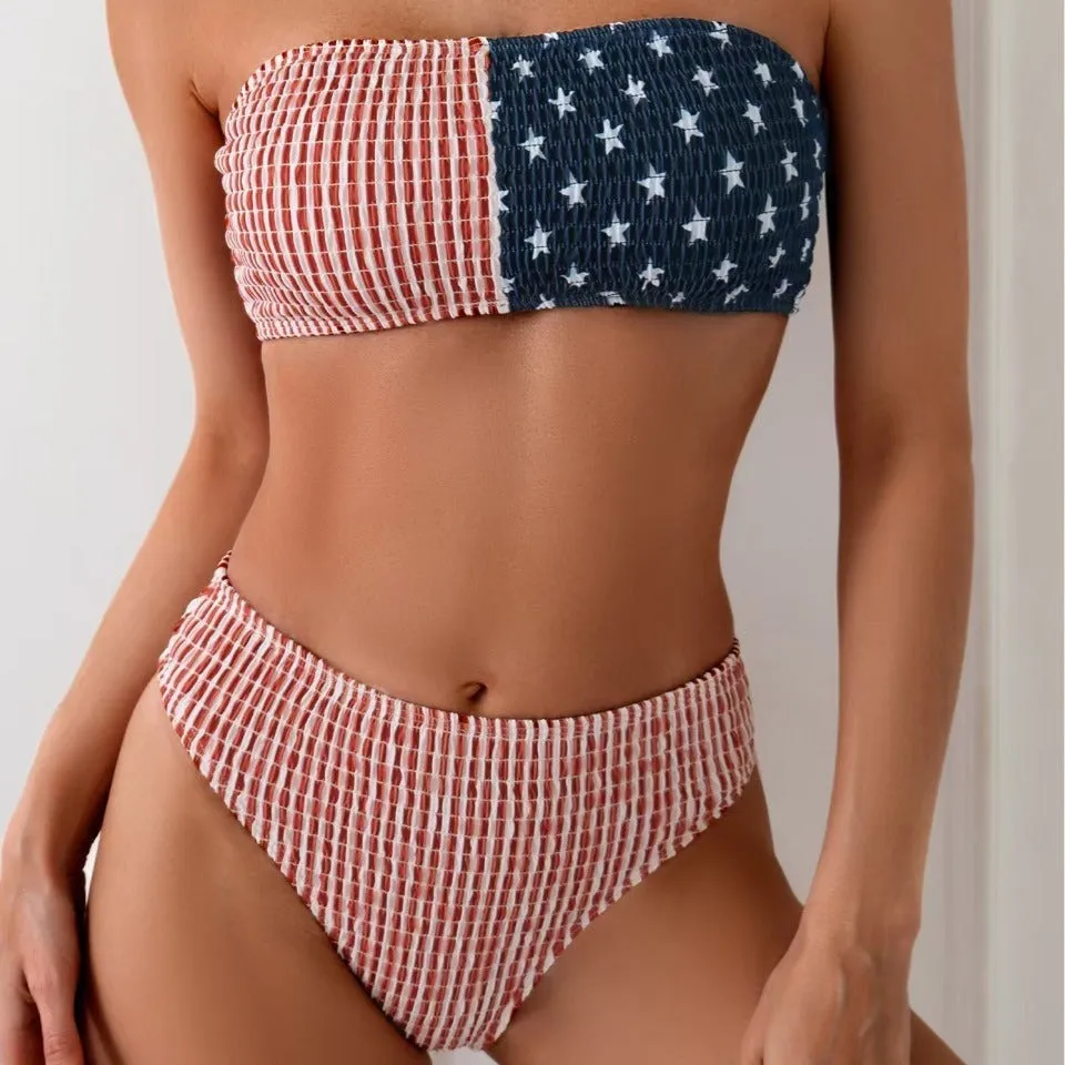 Women's red and blue high elasticity polyester bikini set on a beach background