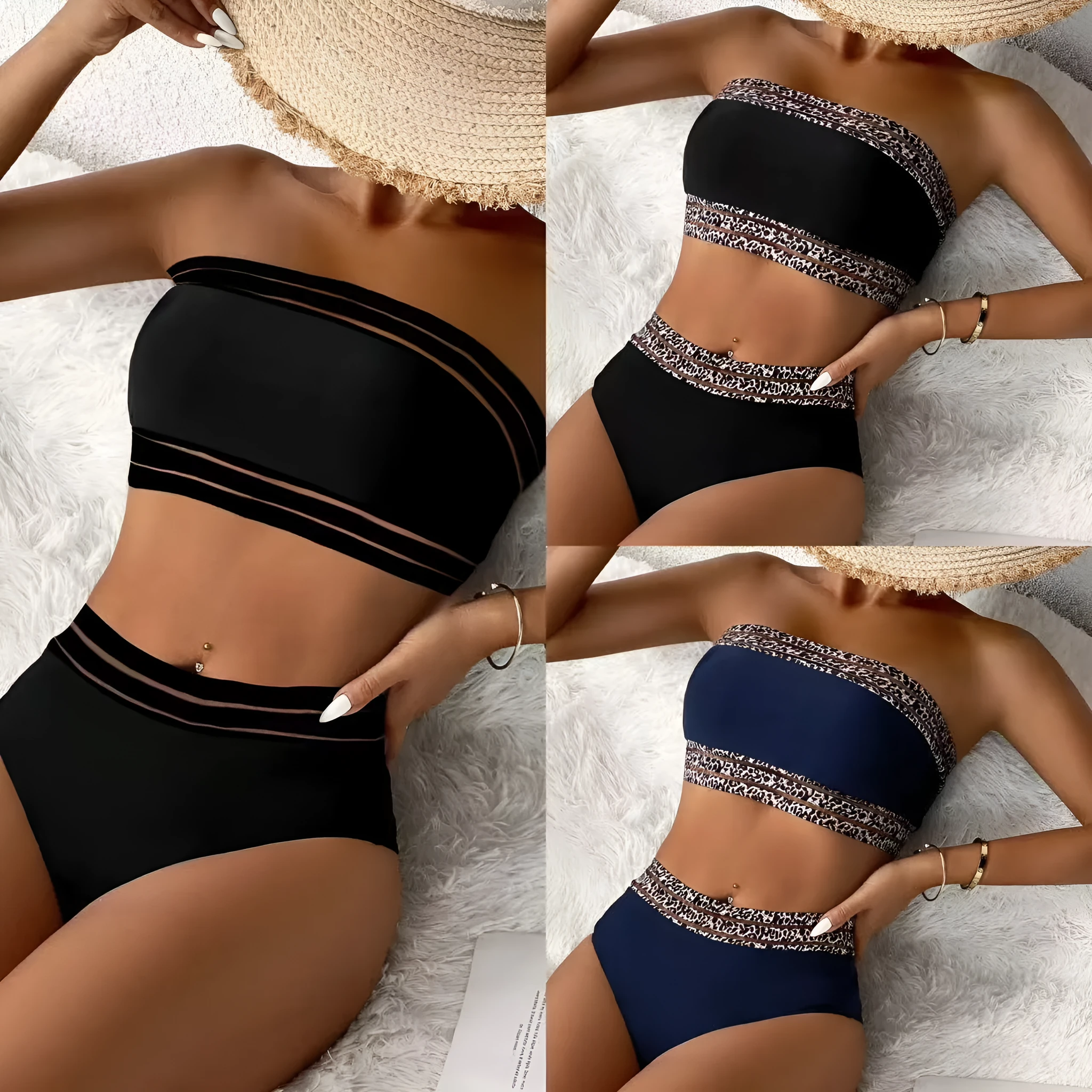 Two-piece bikini tube top swimsuit backless polyester navy blue black stripes women swimming wading