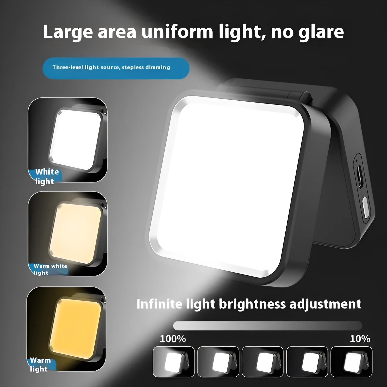 Clip-on LED camping lantern in black, clipped onto a bag, with rechargeable light for night use
