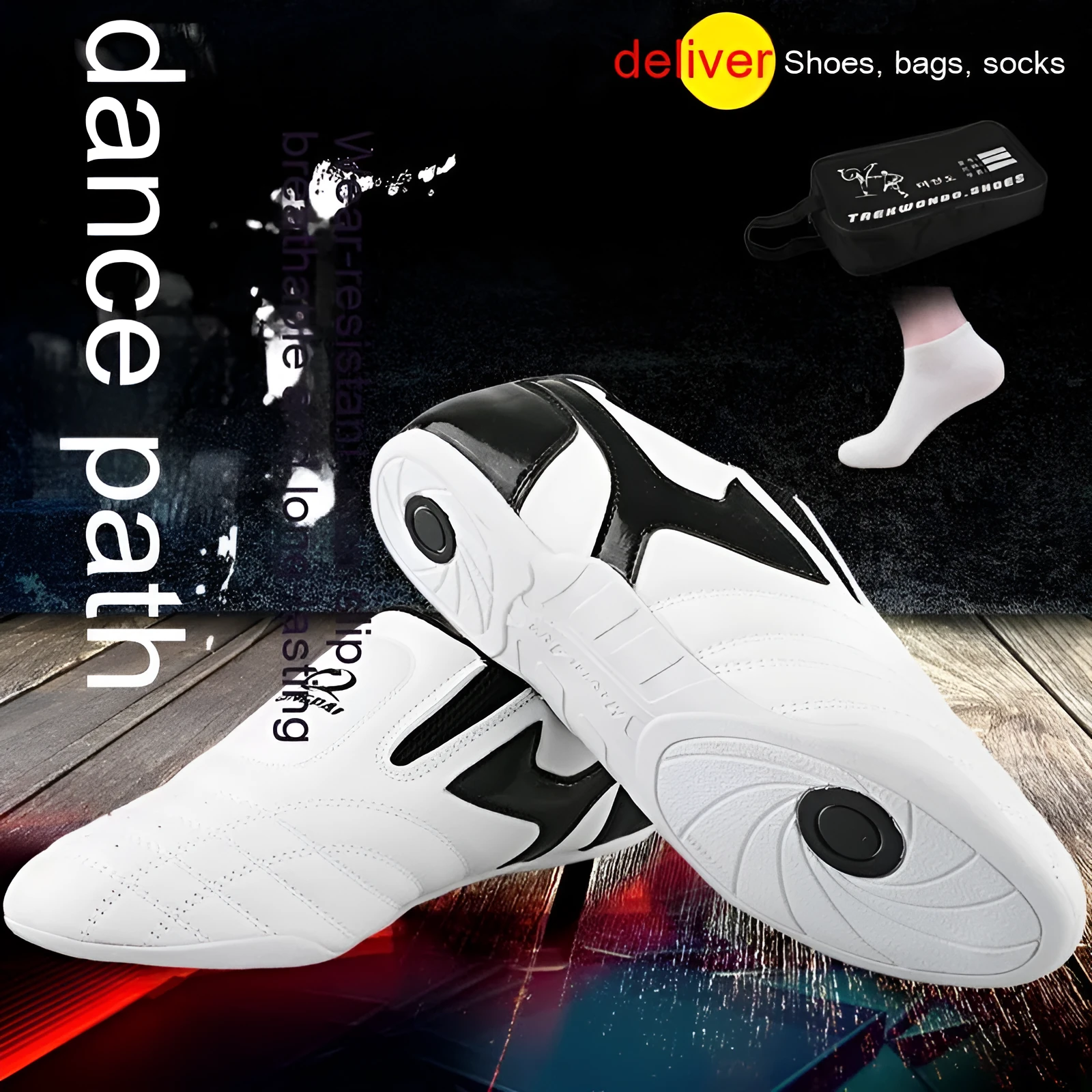 Black and white children's Sanda Taekwondo martial arts shoes with a soft sole and widened fit.