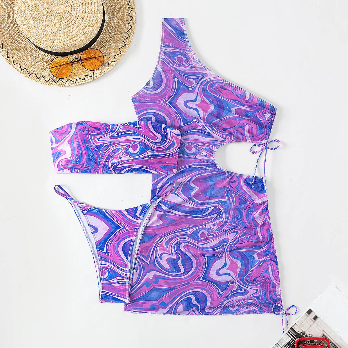 Gradient tie-dye lace bikini swimsuit set with matching dress for women in picture colour