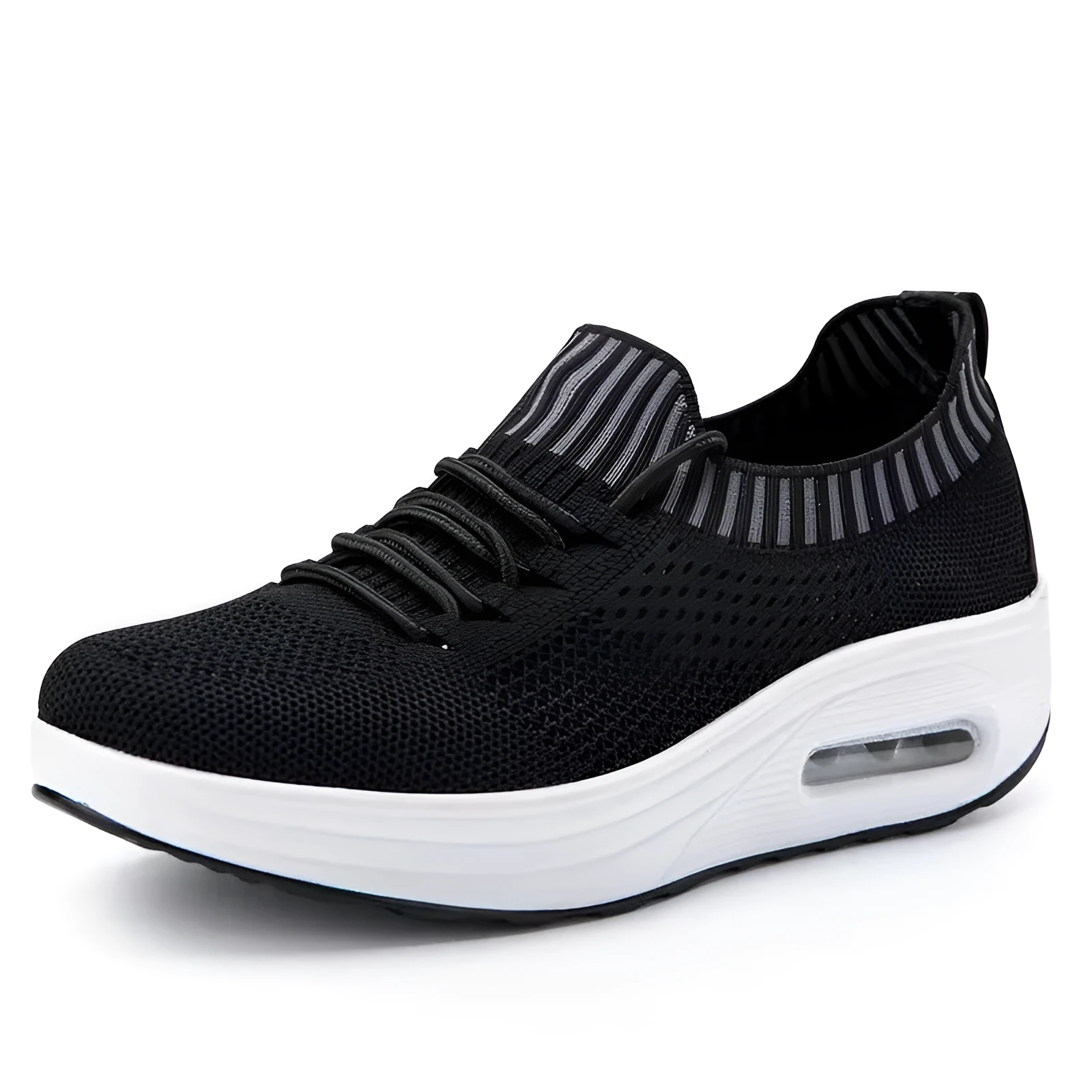 Women's mesh low-top air cushion thick sole breathable shoes in white with rubber soles showing side view