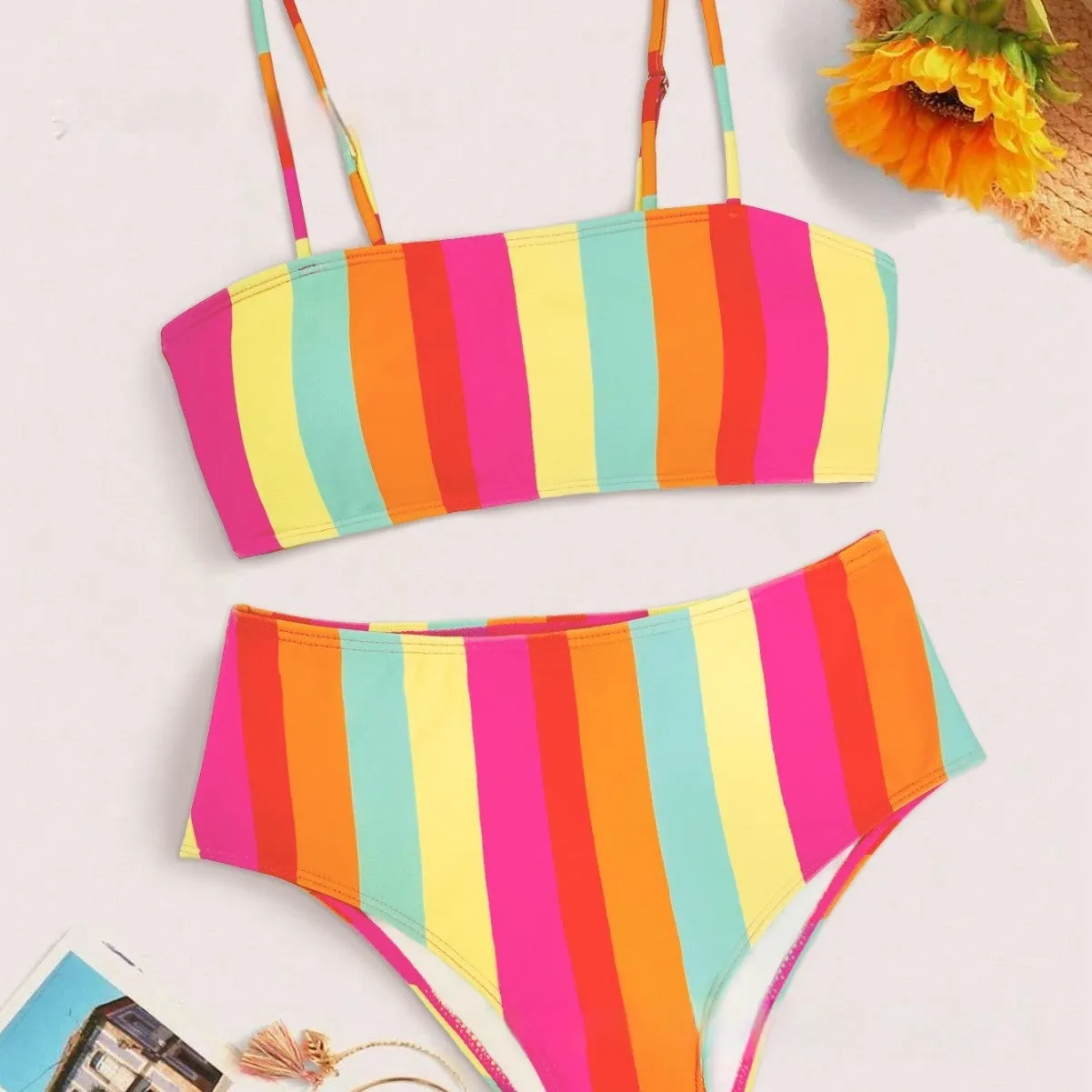 Women's printed striped high-waist bikini set with triangle top and shorts in colour stripes