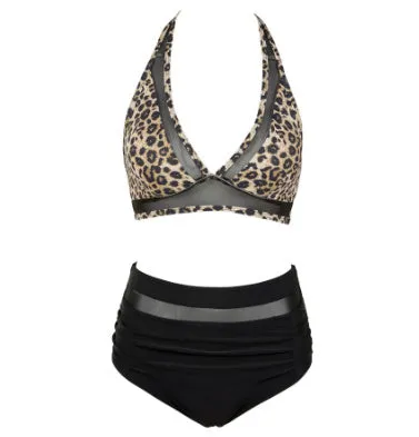 Women's two-piece polyester bikini set shown in black, rose red and leopard print colours