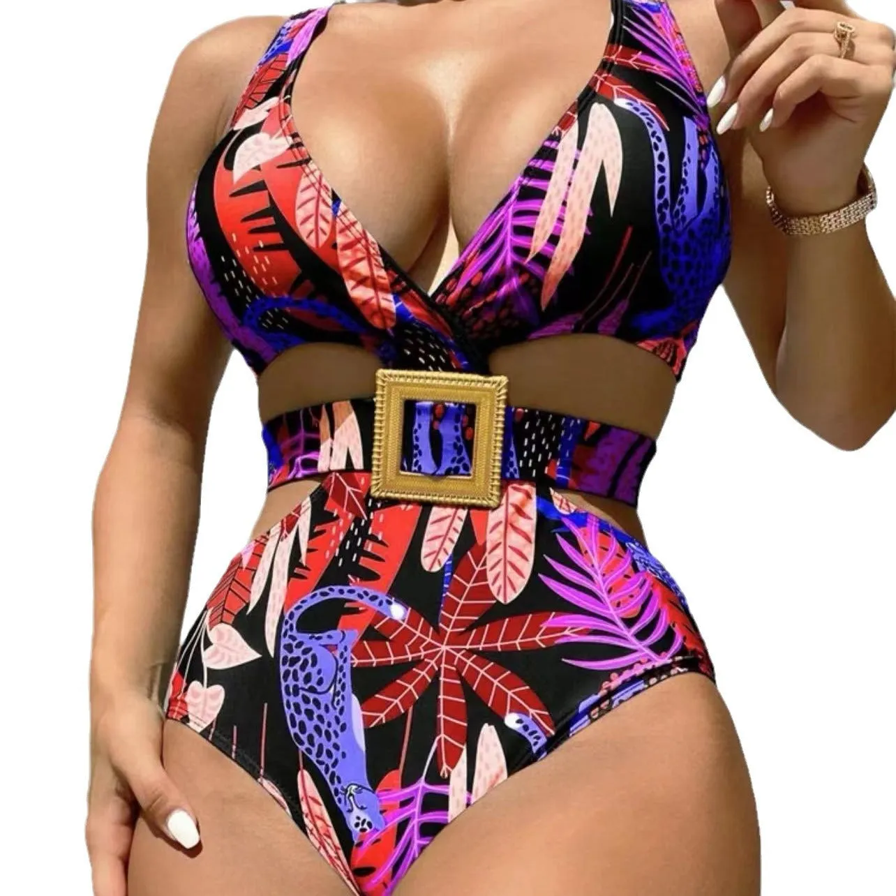 Women's one-piece high waist strap printed polyester fibre swimsuit in Colour 1, size M