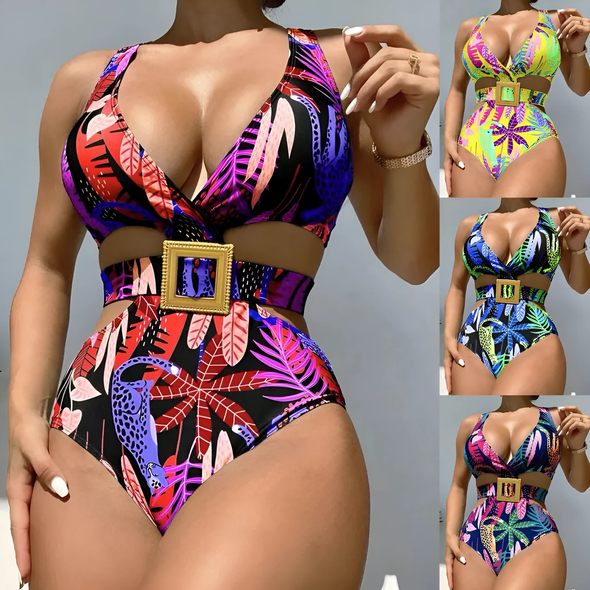 Women's one-piece high waist strap printed polyester fibre swimsuit in Colour 1, size M
