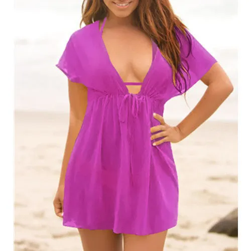 Sheer deep V-neck bikini blouse in rose red with spandex lining