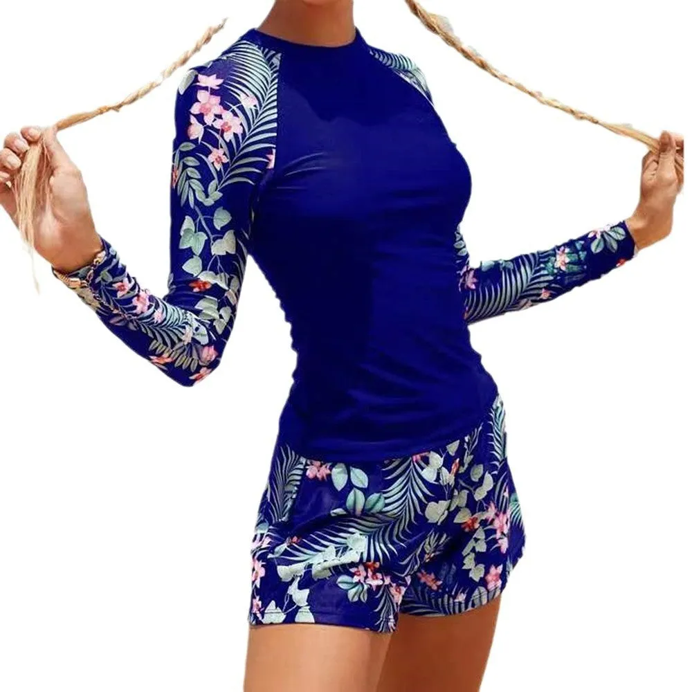 Digital printing women's split bikini swimsuit in polyester, backless with tie sides, available in black, green, dark blue, and sapphire blue