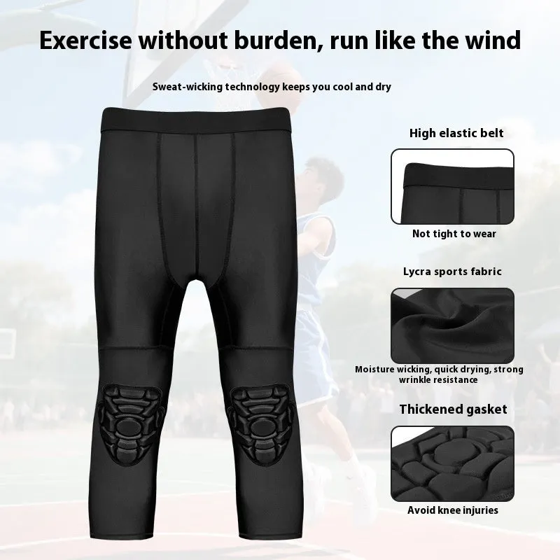 Men's basketball cropped pants with integrated knee pads in black, TWA-0205