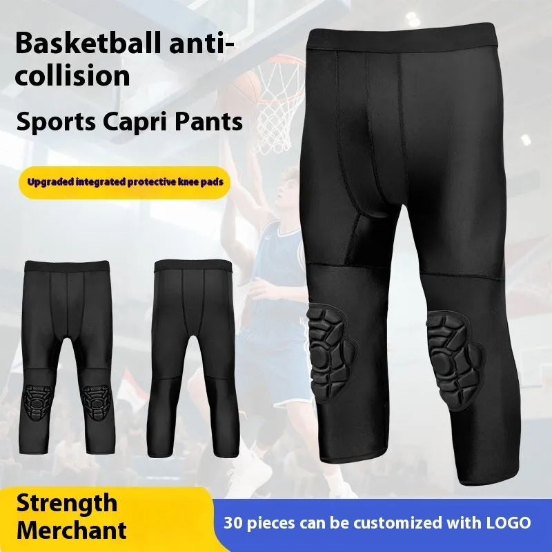 Men's basketball cropped pants with integrated knee pads in black, TWA-0205