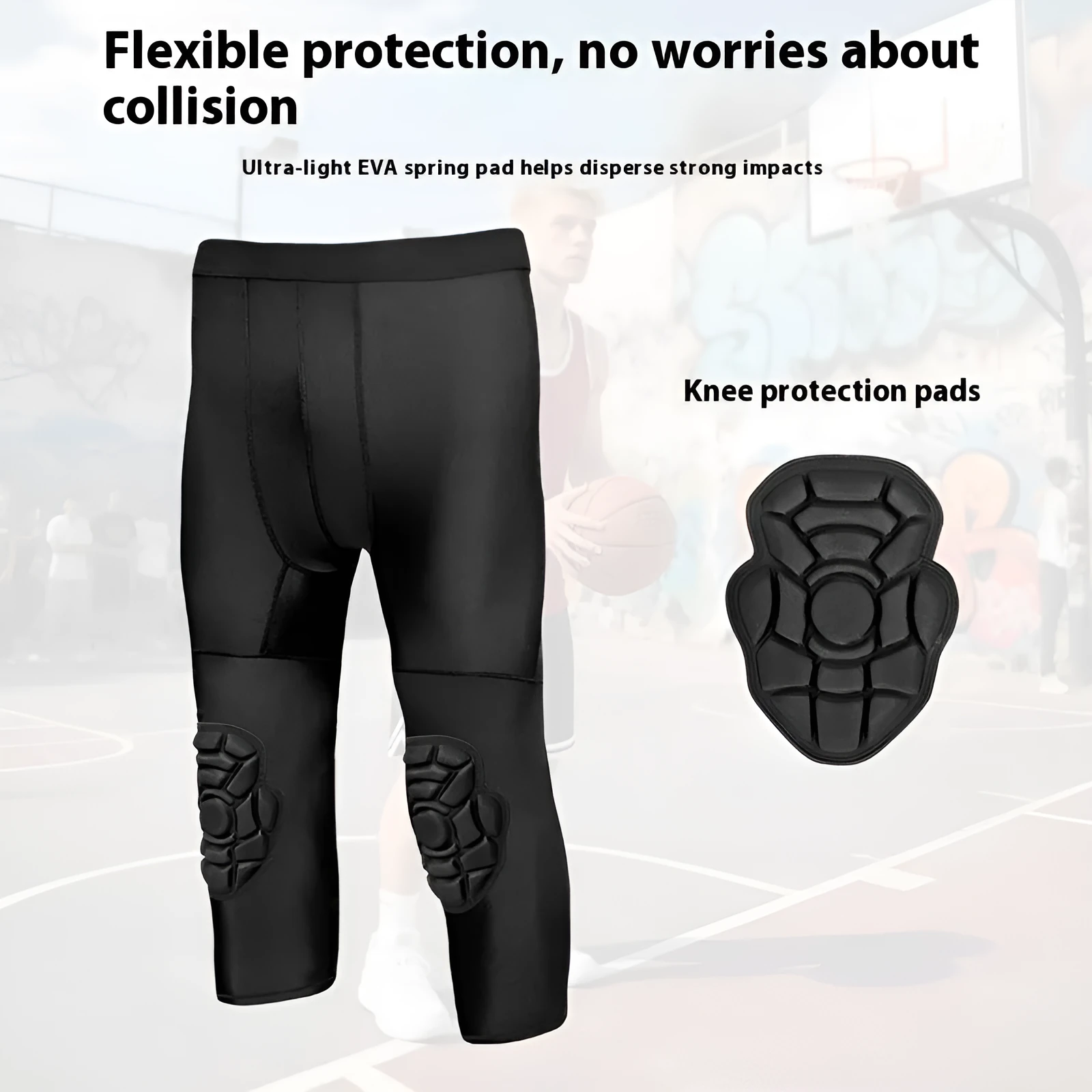Men's basketball cropped pants with integrated knee pads in black, TWA-0205