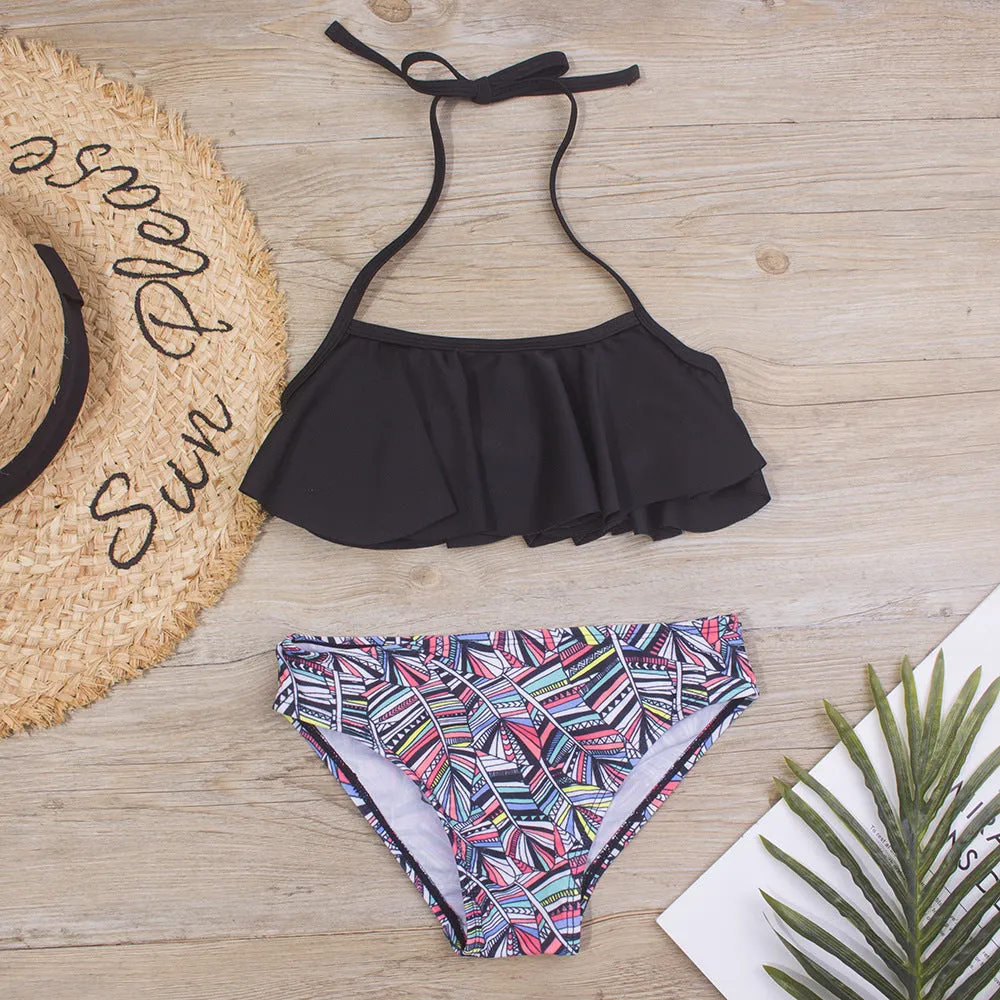 Feather printed lace up bikini set in high elasticity polyester for girls swimming