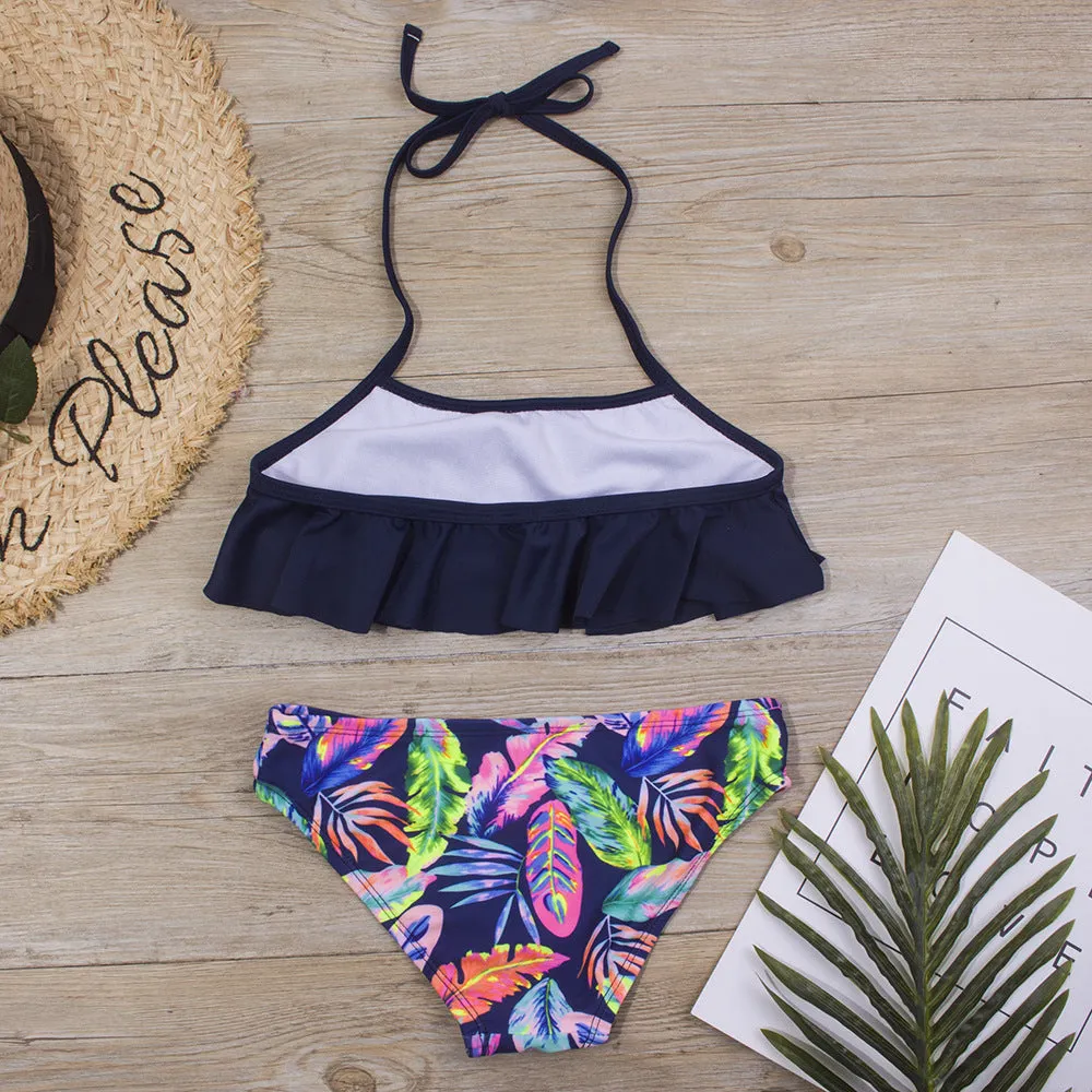 Feather printed lace up bikini set in high elasticity polyester for girls swimming